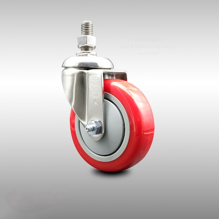 Service Caster 4 Inch 316SS Red Polyurethane Wheel Swivel 10mm Threaded Stem Caster SCC SCC-SS316TS20S414-PPUB-RED-M1015